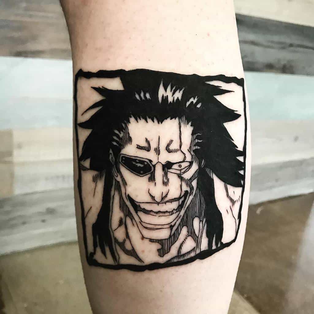 Bold black ink tattoo of Kenpachi Zaraki from Bleach, featuring his wild hair, eyepatch, and intense grin in a manga panel style 
