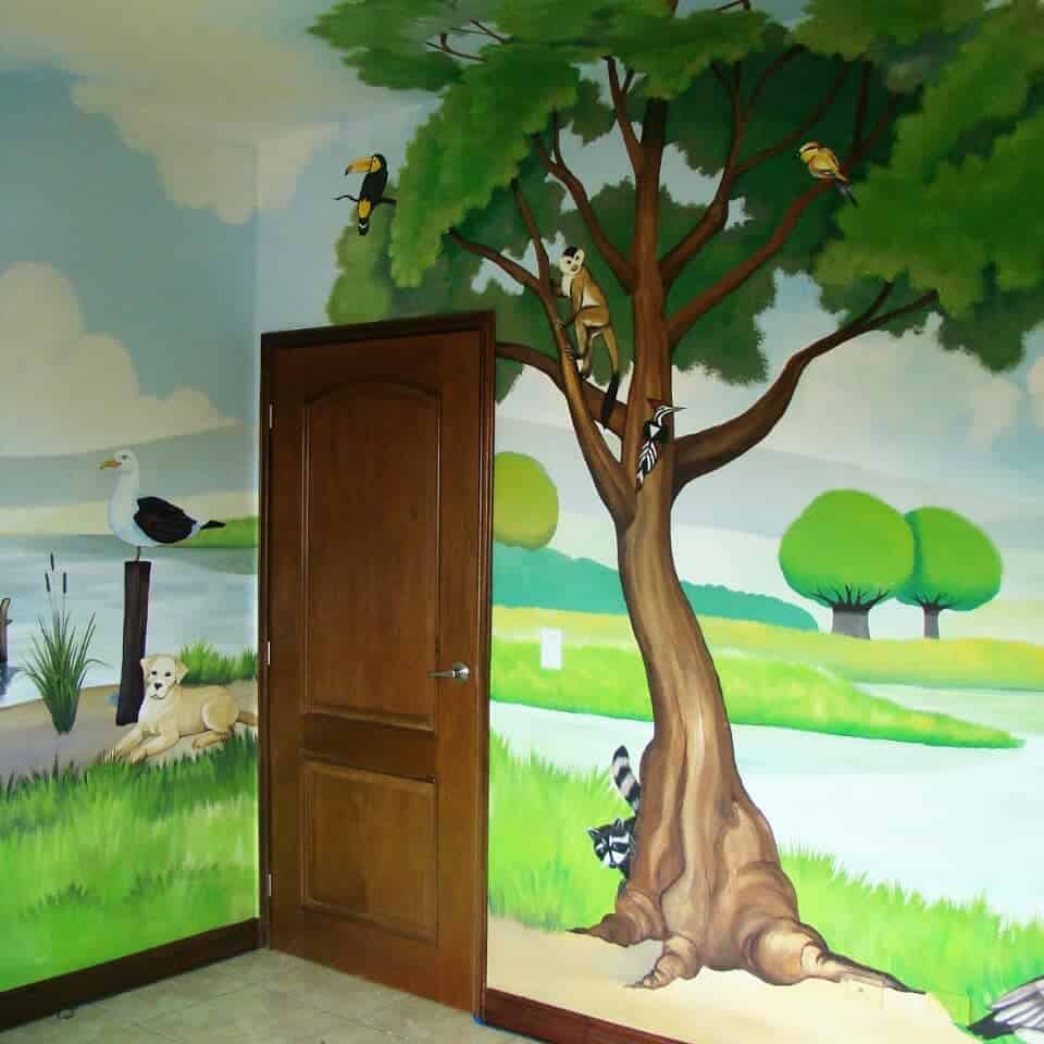 hand painted forest scene kids wall mural