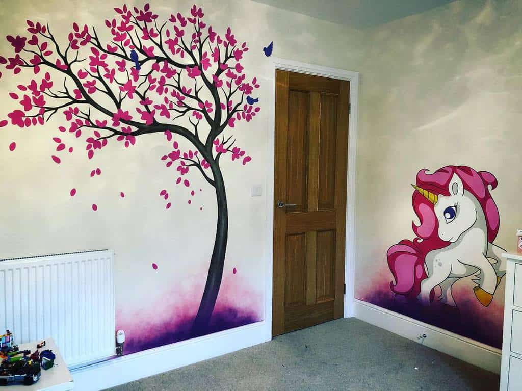 pink tree and unicorn wall murals