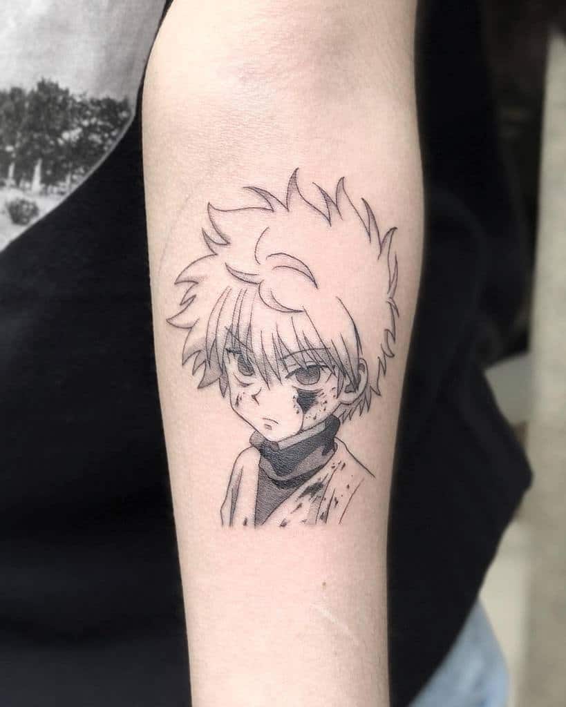 Minimalist Killua Zoldyck tattoo from Hunter X Hunter, featuring delicate black line art and an intense expression with fine details