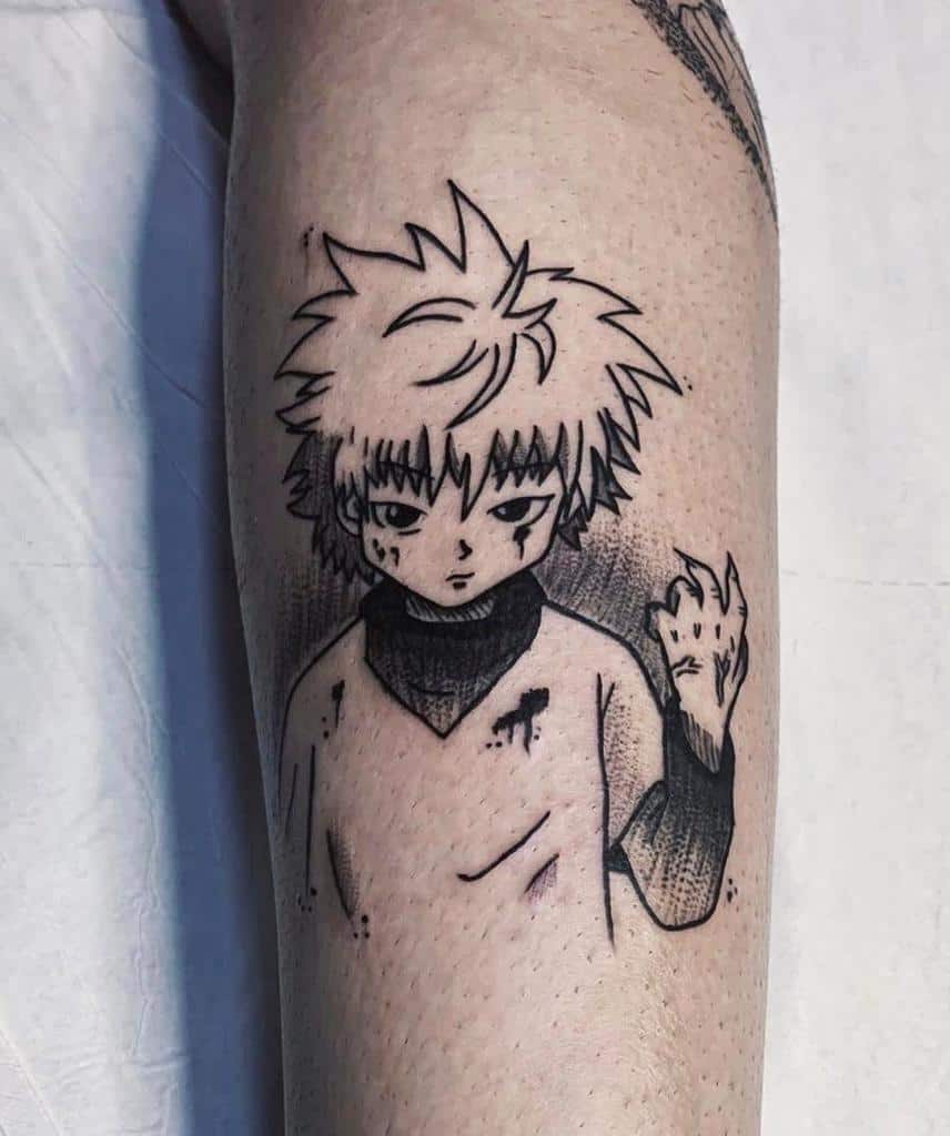 Bold and expressive Killua Zoldyck tattoo from Hunter X Hunter, featuring his intense look and battle-worn details, with his hand raised
