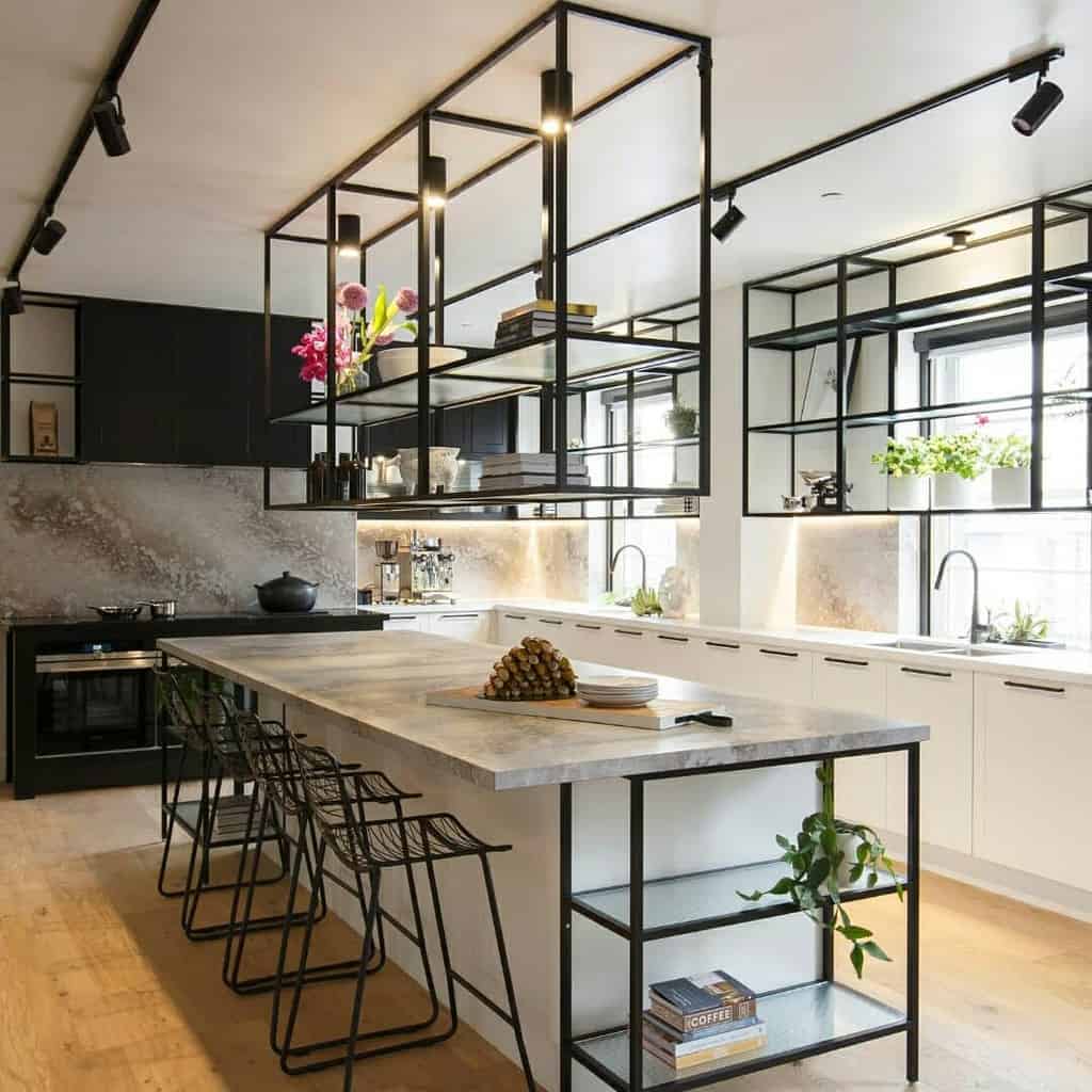 hanging kitchen shelving in modern space