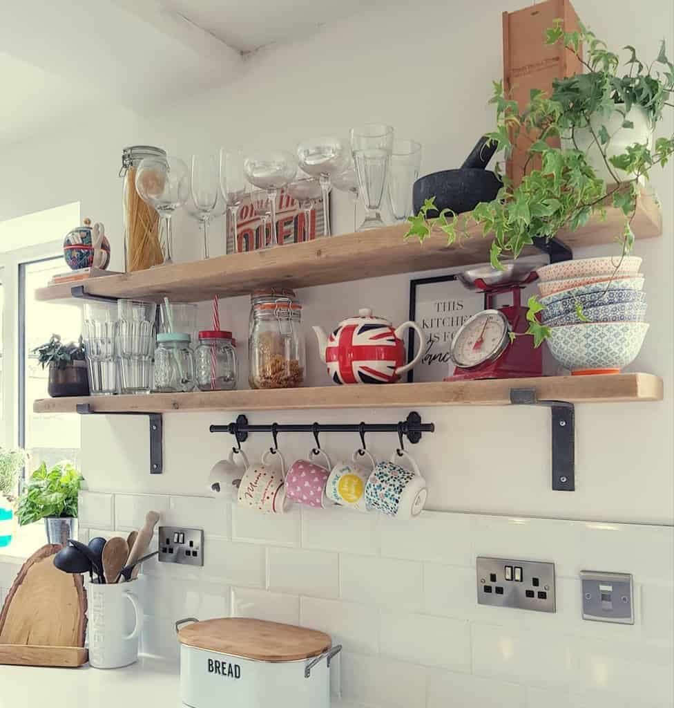 wood wall kitchen shelves with breakfast cutlery