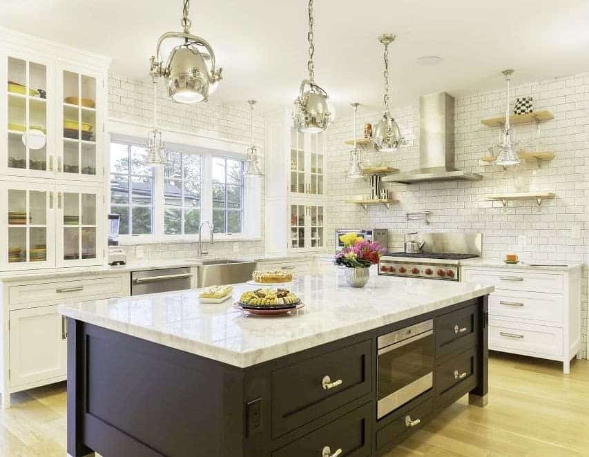 country style transitional kitchen with brown cabinet island