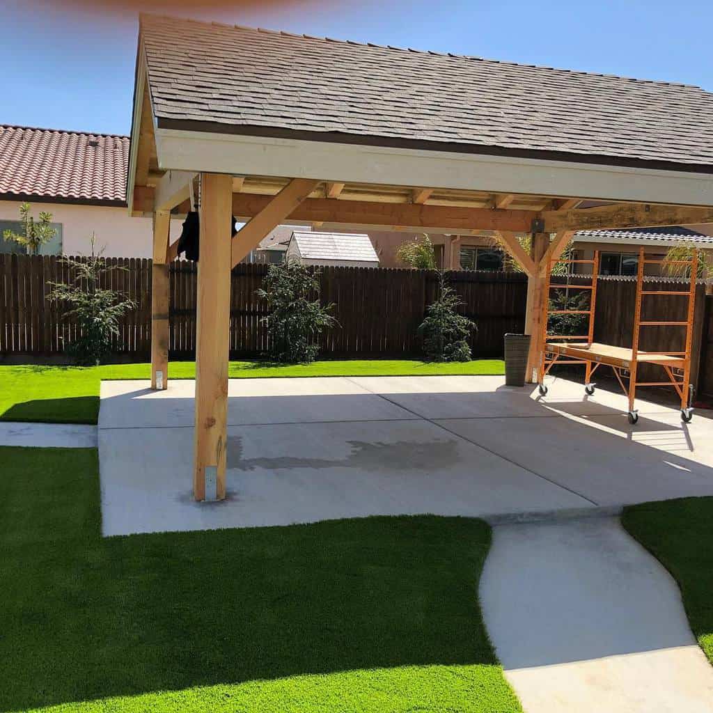 concrete patio wood gazebo grass