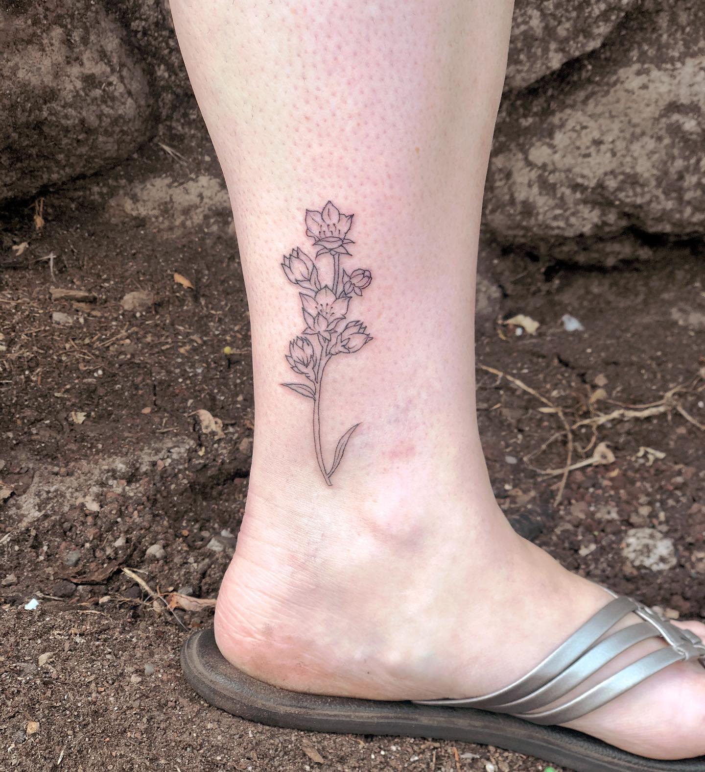 Tattoo of a larkspur flower stem on the lower leg