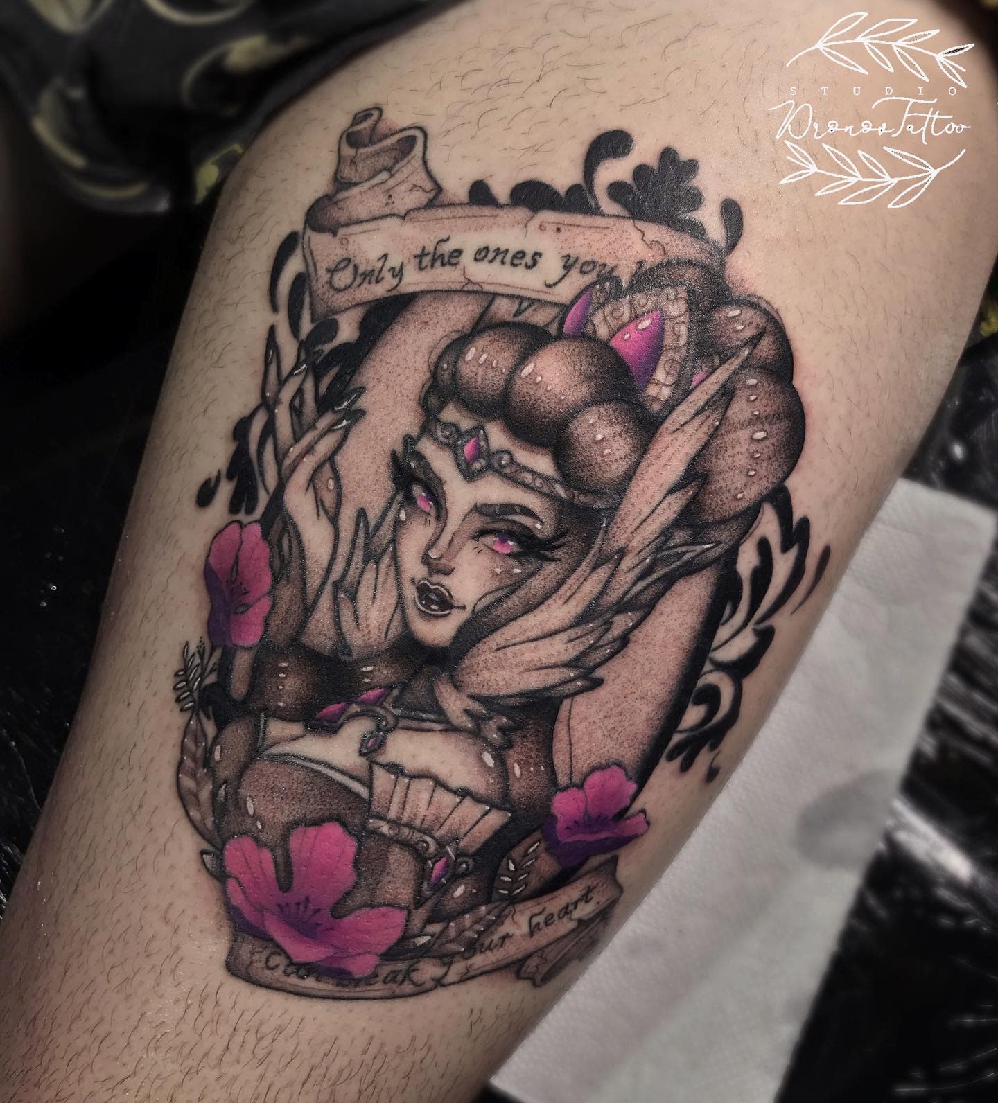 Black and pink tattoo of Zyra from League of Legends, with the quote 'Only the ones you love can break your heart' in a scroll