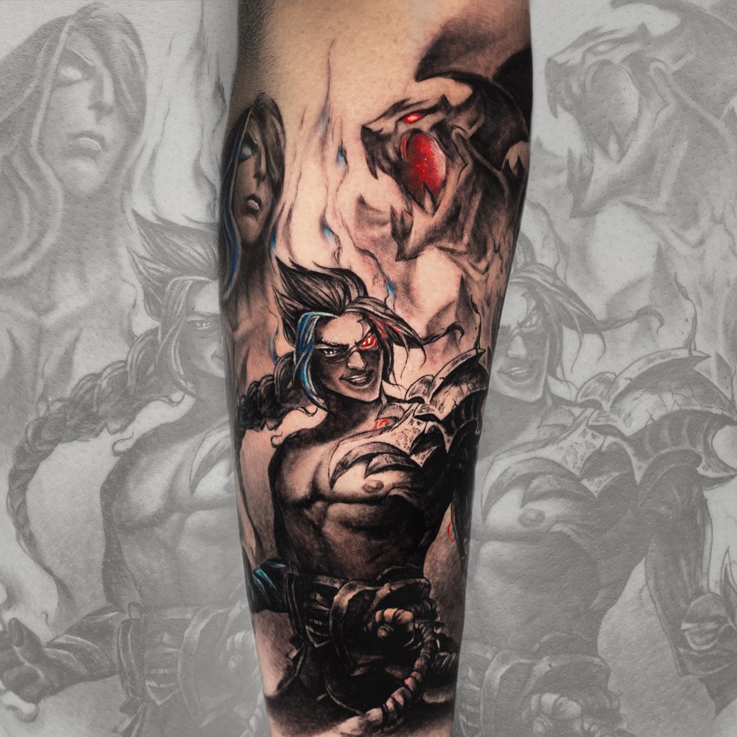 Black and grey tattoo of Kayn from League of Legends on the forearm, featuring his Shadow Assassin and Rhaast forms with intense details and red accents