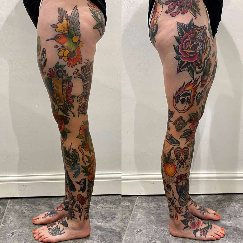 This full-leg sleeve tattoo boasts a vibrant mix of traditional and neo-traditional elements, including a colorful hummingbird, bold roses, and intricate symbols, creating a cohesive and eye-catching design