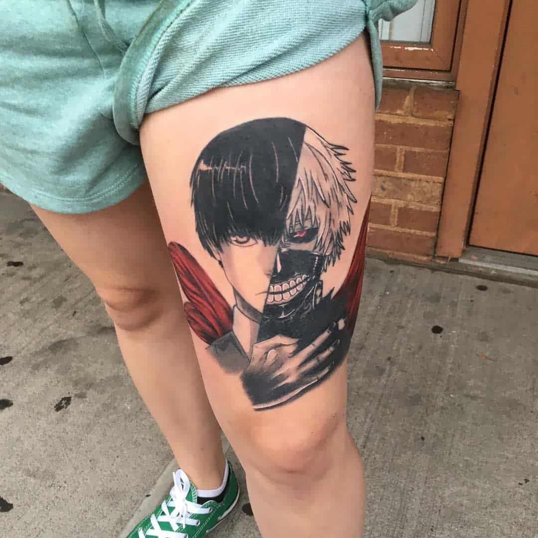 Thigh tattoo of Kaneki Ken from Tokyo Ghoul, split between human and ghoul forms with red accents