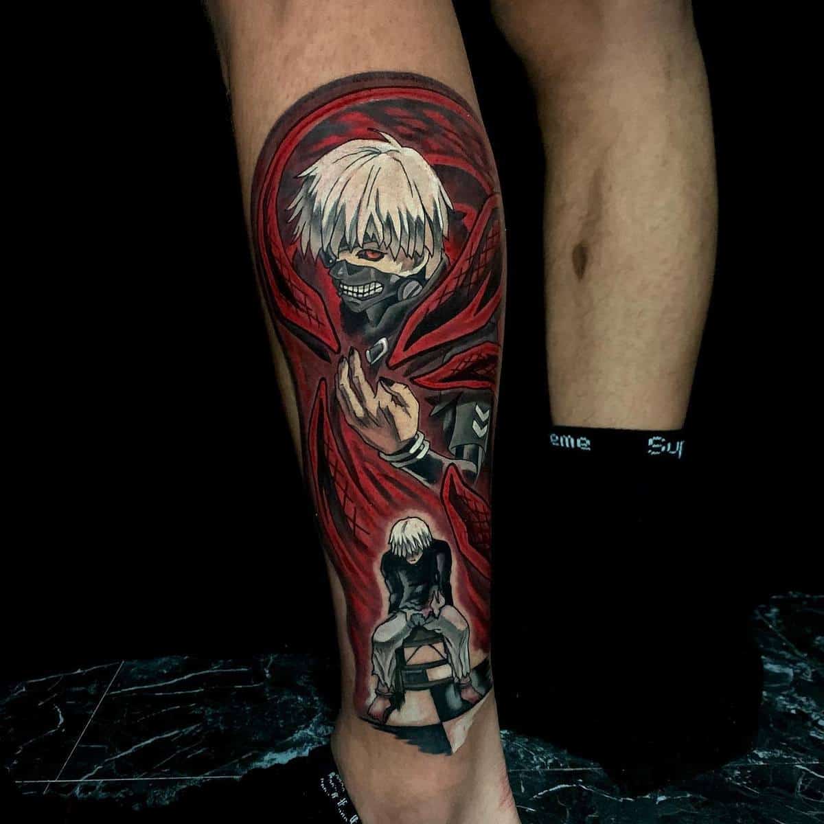 Leg tattoo of Kaneki Ken from Tokyo Ghoul, showcasing his ghoul form with red kagune and a dramatic scene below