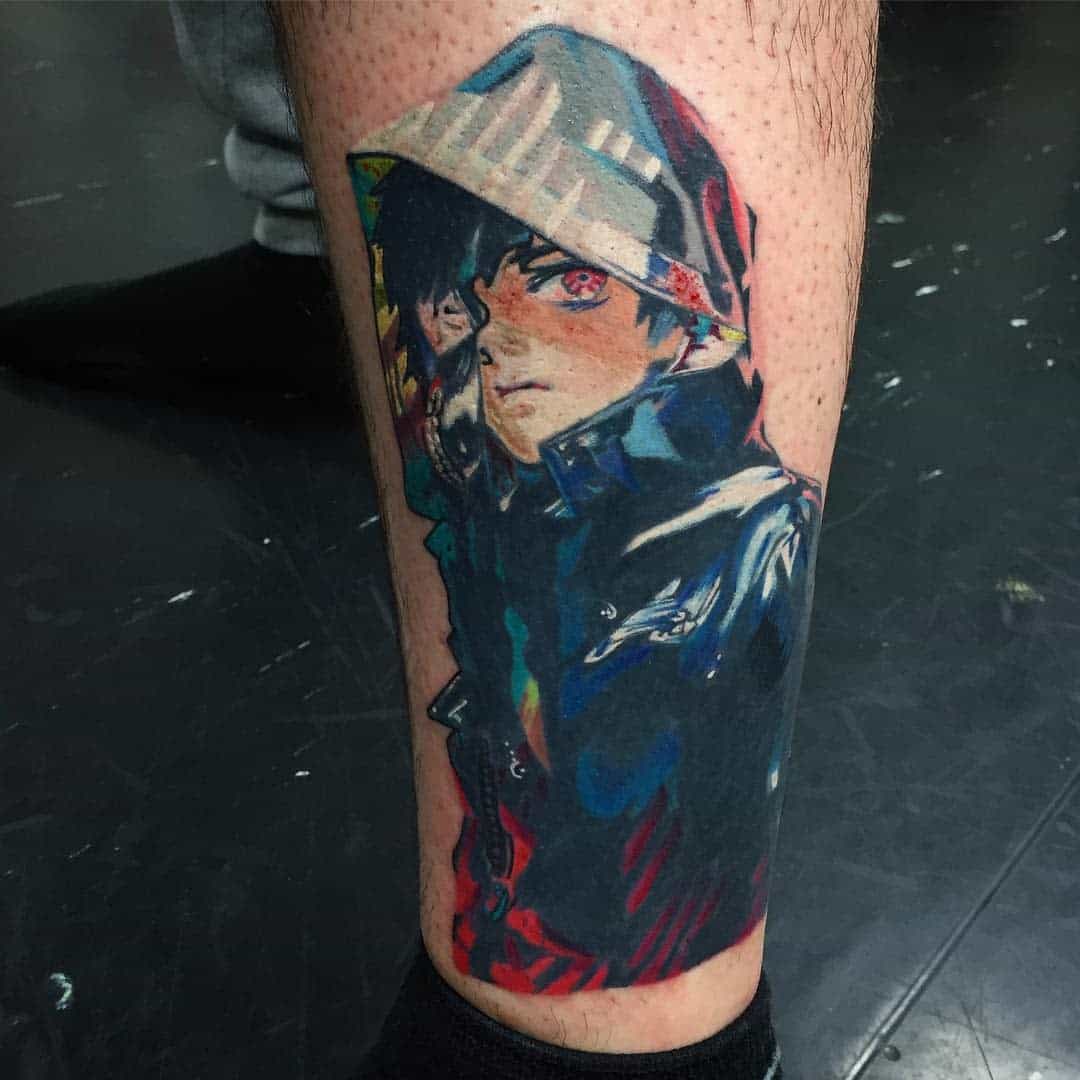 Colorful leg tattoo of Kaneki Ken from Tokyo Ghoul, featuring him in a hood with vivid shading and intense red eyes.