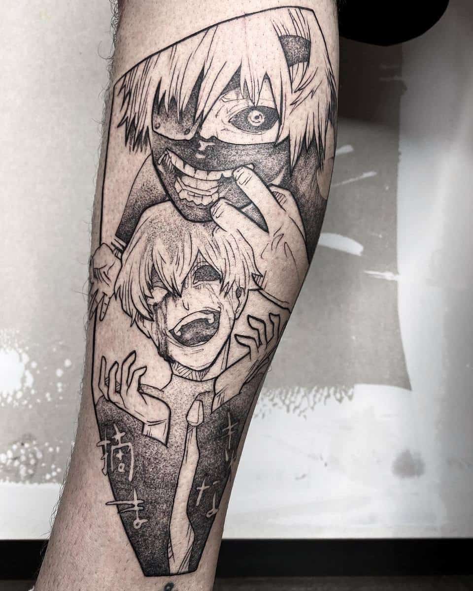 Black and white leg tattoo of Kaneki Ken from Tokyo Ghoul, showcasing two expressions—his sinister ghoul form and a tormented scream