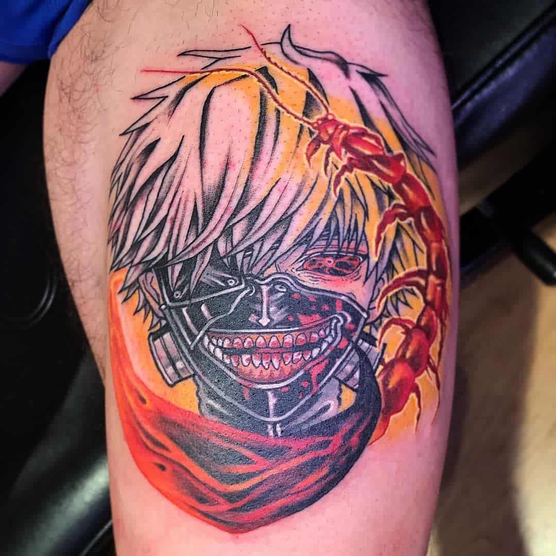 Vibrant leg tattoo of Kaneki Ken from Tokyo Ghoul, featuring his ghoul mask and a centipede, with bold red and yellow tones