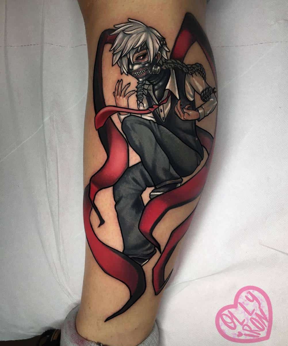 Leg tattoo of Kaneki Ken from Tokyo Ghoul, depicted in a dynamic pose with flowing red kagune