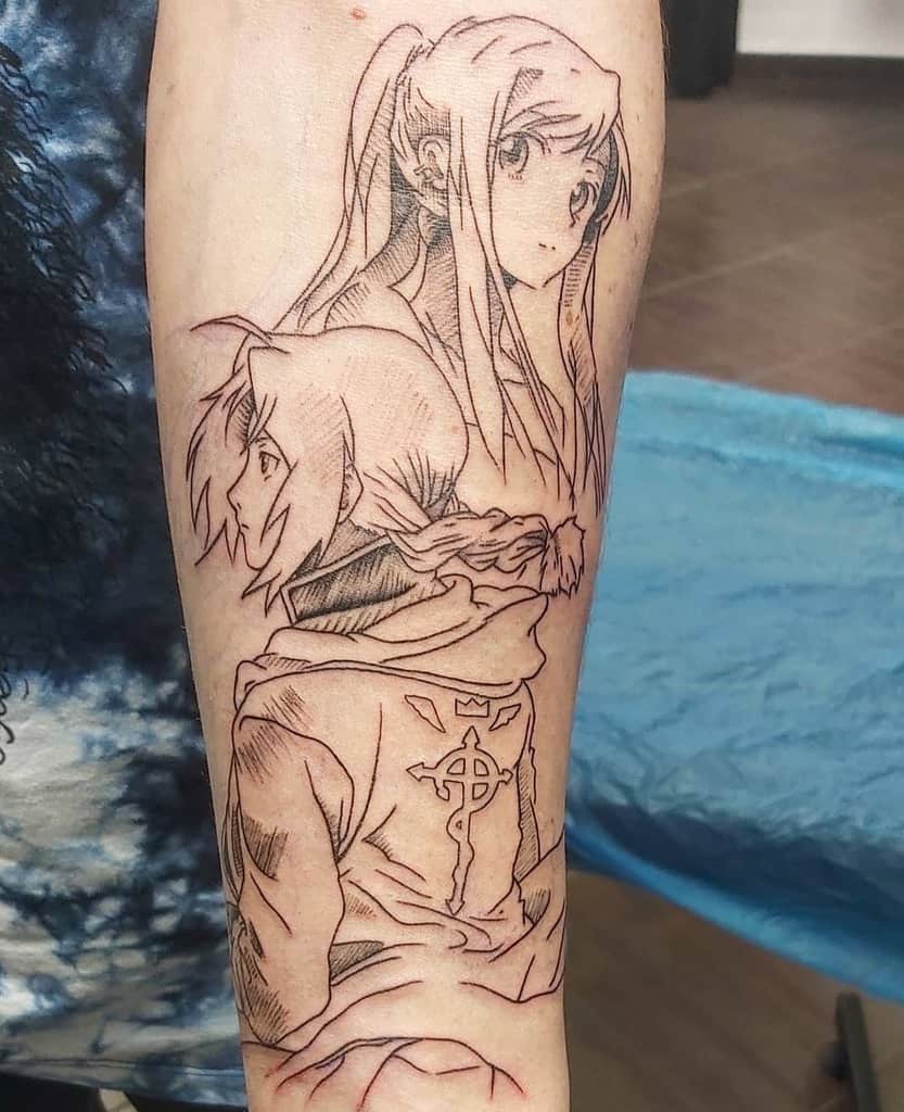Fullmetal Alchemist tattoo featuring Edward Elric with the Flamel symbol on his coat and Winry Rockbell above, drawn in a fine-line anime style