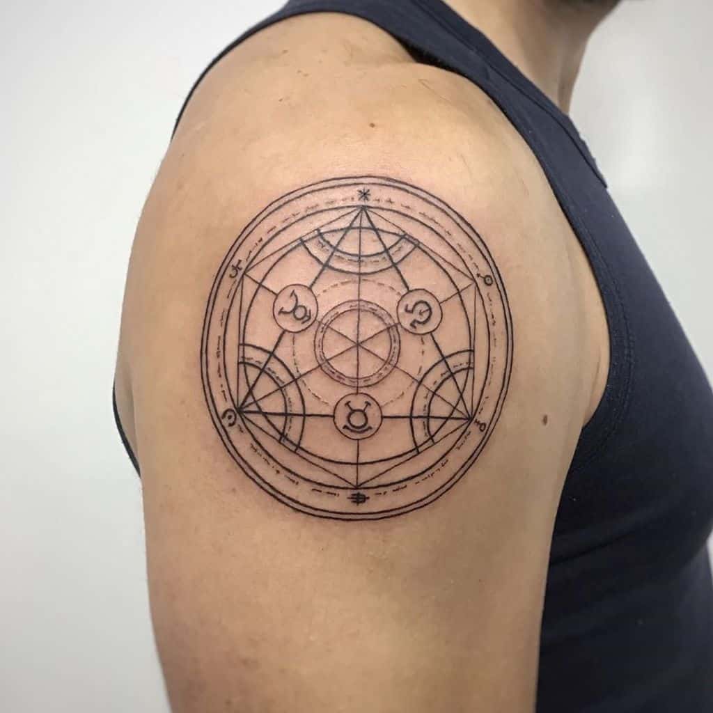 Fullmetal Alchemist tattoo of a detailed human transmutation circle, finely lined and symmetrically