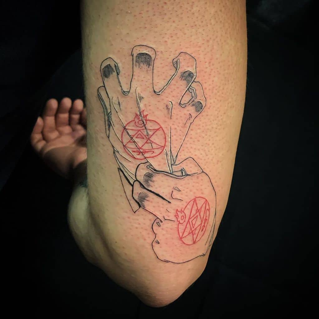 Fullmetal Alchemist tattoo of Roy Mustang’s gloves, featuring red transmutation circles, depicted in a sketch-style design with bold outlines
