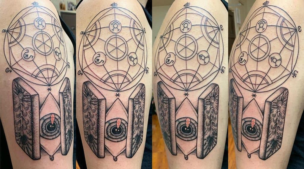 Fullmetal Alchemist tattoo featuring the Gate of Truth with intricate alchemy circles, fine line work, and detailed shading