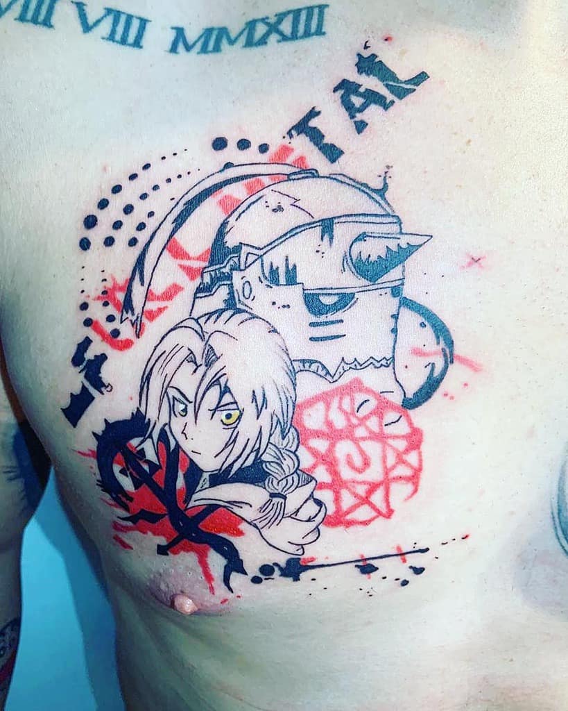 Fullmetal Alchemist tattoo of Edward and Alphonse Elric with a red transmutation circle, ink splashes, with word 'Fullmetal'