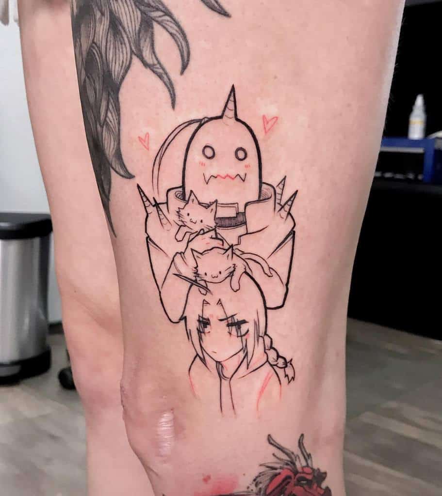 Fullmetal Alchemist tattoo of Edward and Alphonse Elric in a cute minimalistic style, with Alphonse holding cats and small heart accents