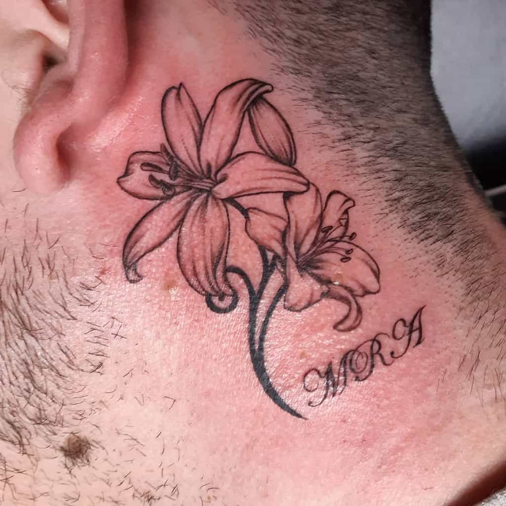 Elegant black and grey neck tattoo of two blooming lilies with fine shading, accompanied by the name 'MORA' in cursive