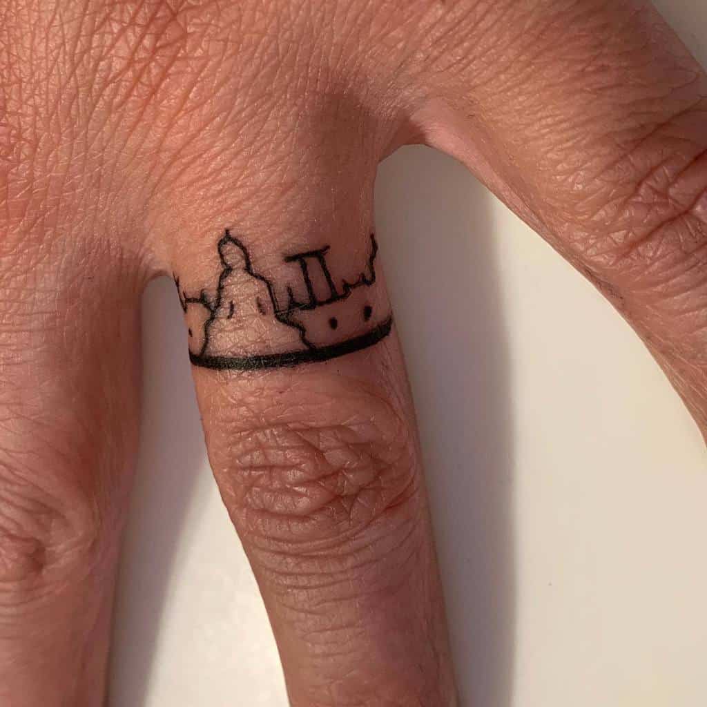 A fine-line ring tattoo of a city skyline, featuring iconic architectural elements such as a Buddha statue and temples