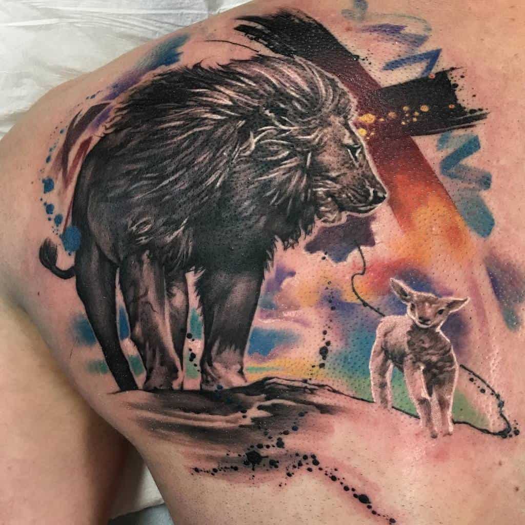 Lion and Lamb Back Tattoo
