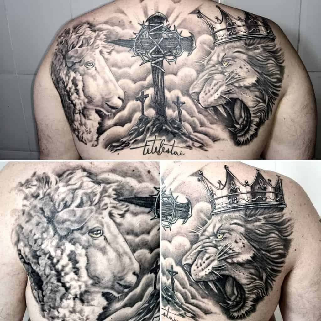 Back tattoo featuring a majestic lion with a crown, a serene lamb, and a cross scene, with "Tetelestai" inscribed below