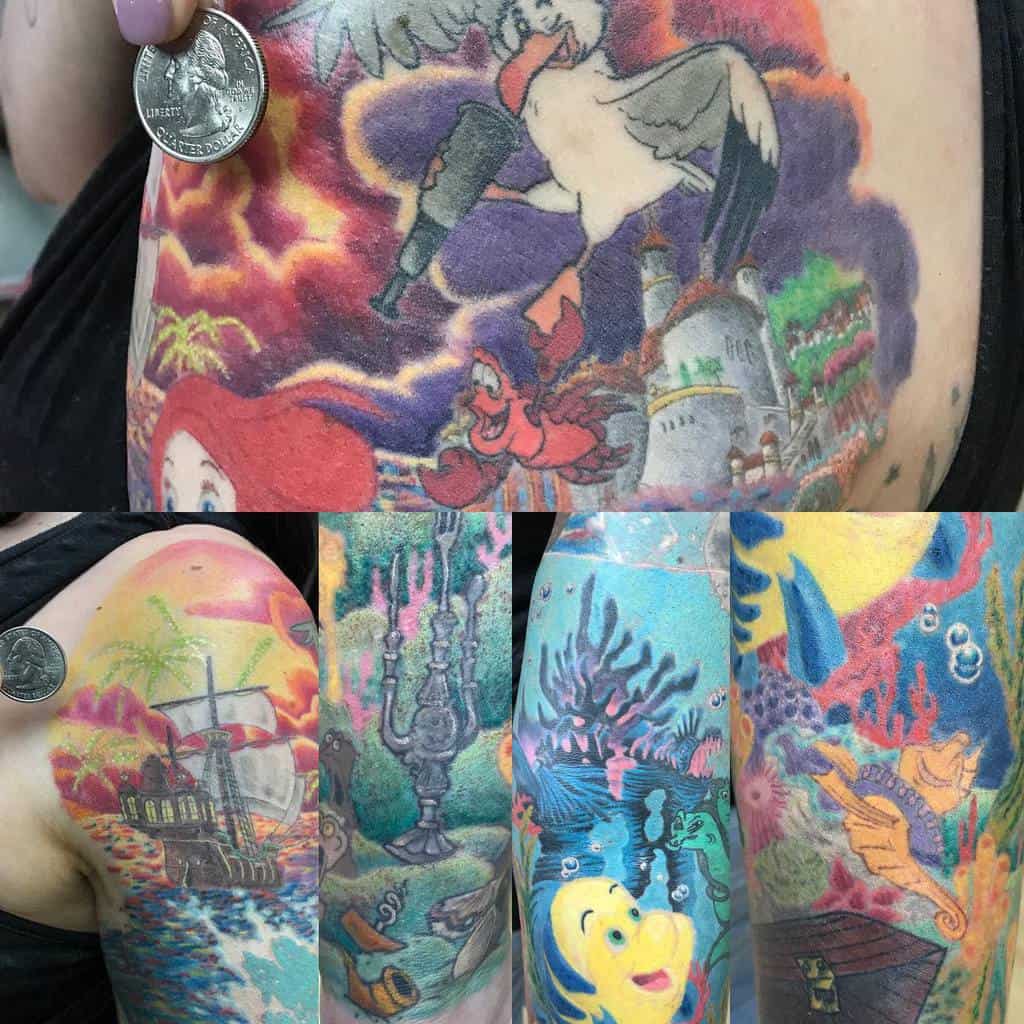 Colorful tattoo sleeve featuring scenes from The Little Mermaid, including Ariel, Sebastian, Flounder, Scuttle, and vibrant underwater and ship settings