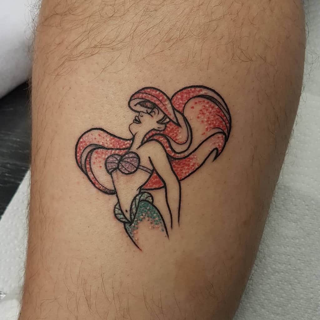 Stylized Ariel tattoo with a dotted red and green texture, bold outlines, and a dynamic pose for a unique and modern design
