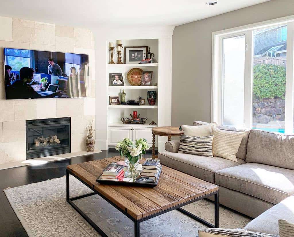 white transitional living room with fireplace