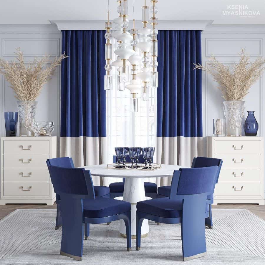 luxury glass and gold chandelier modern dining room blue curtains and chairs