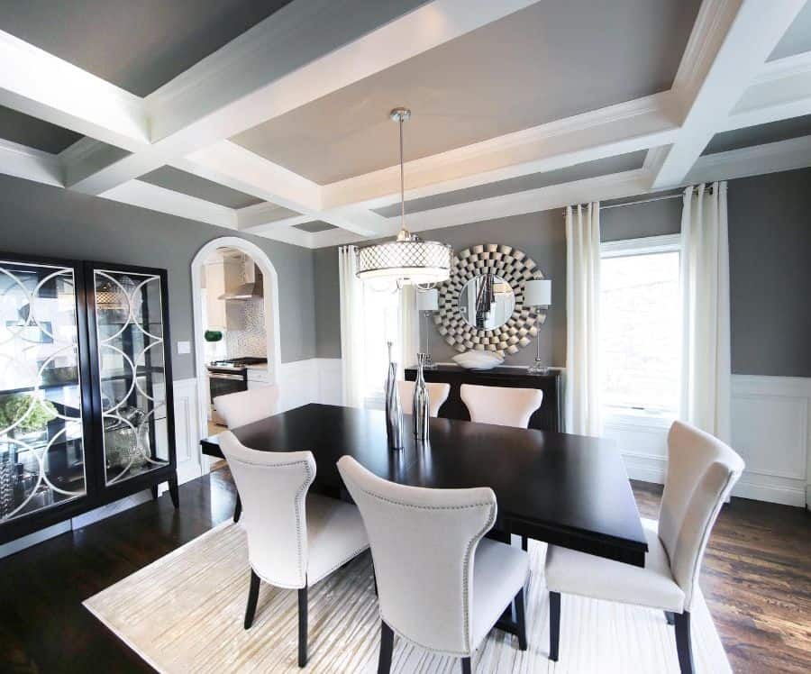 modern dining room table and gray chairs mirror pendant ceiling light