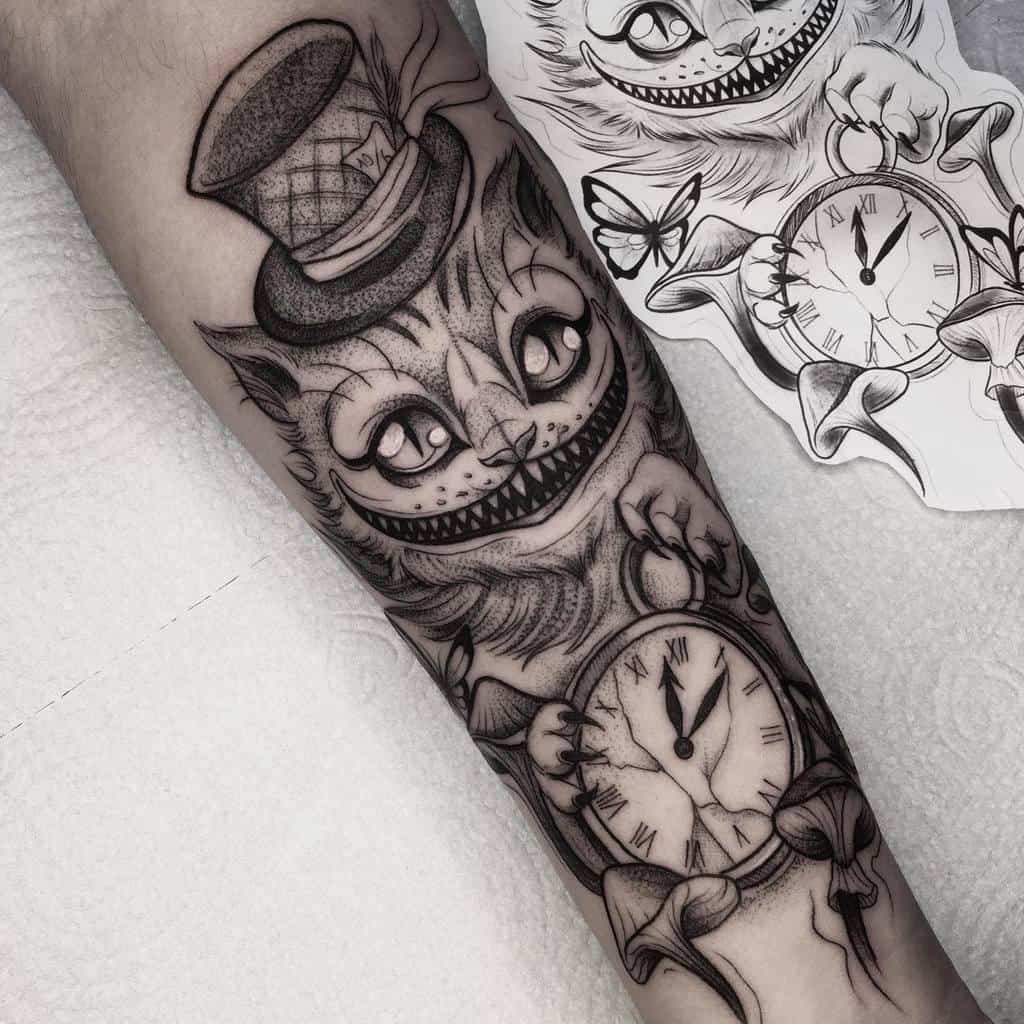 A black and grey Cheshire Cat tattoo, featuring the cat in a Mad Hatter hat holding a cracked clock, surrounded by butterflies