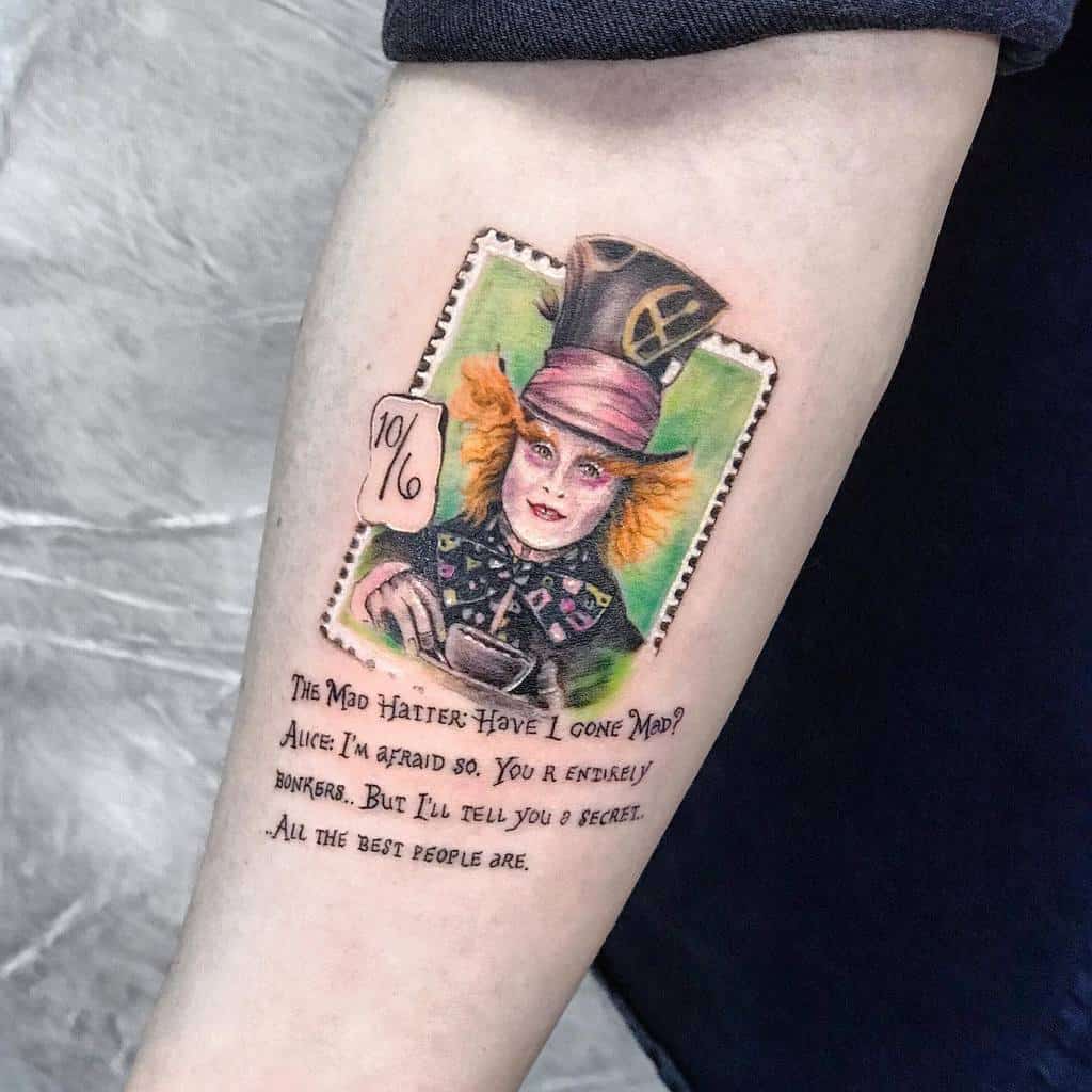 Realistic tattoo of the Mad Hatter from Alice in Wonderland, designed as a postage stamp with the iconic '10/6' card and a famous quote.