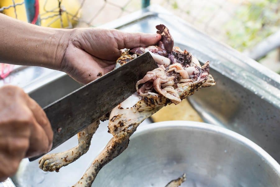 Man chopping frog for cooking