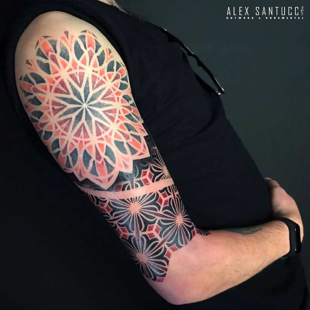 Geometric mandala tattoo half sleeve on arm