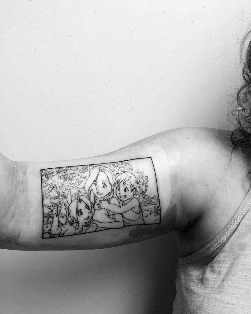 Fullmetal Alchemist tattoo of Edward and Alphonse Elric as children with their mother, Trisha, in a framed manga-style line-art design