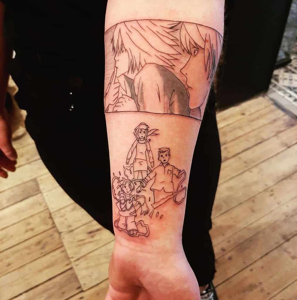 Tattoo of L and Light from Death Note above Edward and Alphonse Elric's failed transmutation scene, with Winry Rockbell watching from Fullmetal Alchemist