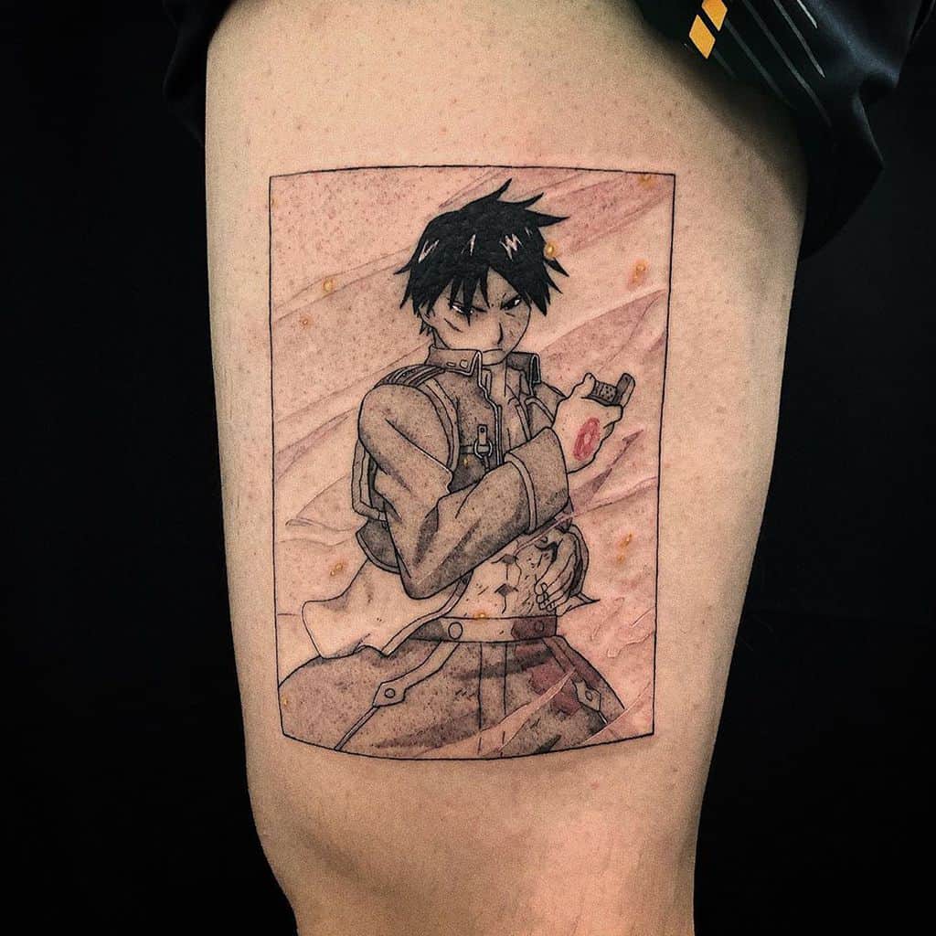 Fullmetal Alchemist tattoo of Roy Mustang in a dramatic manga panel, showing his glove with a transmutation circle holding a lighter, holding his wounded side