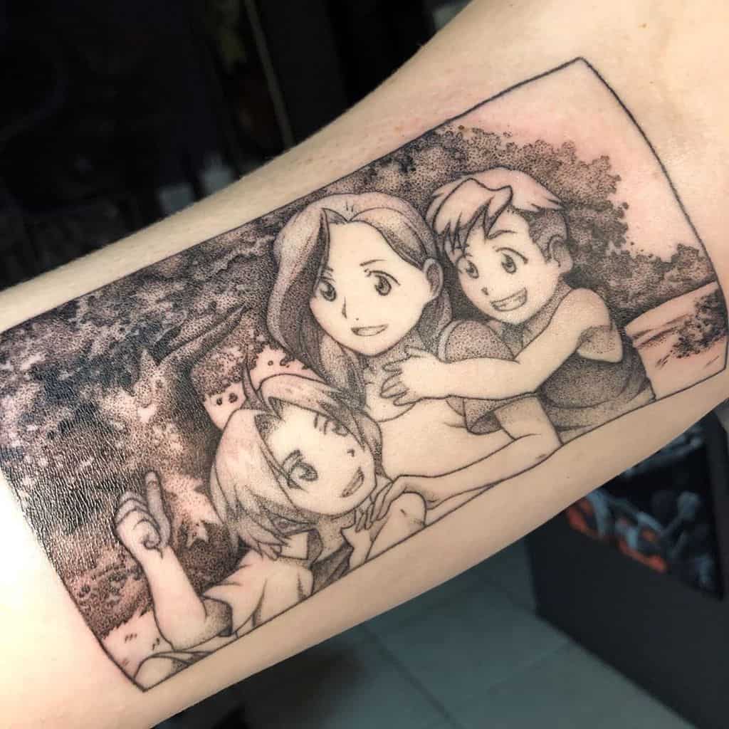 Fullmetal Alchemist tattoo of Edward and Alphonse Elric as children with their mother, Trisha, in the field with a tree