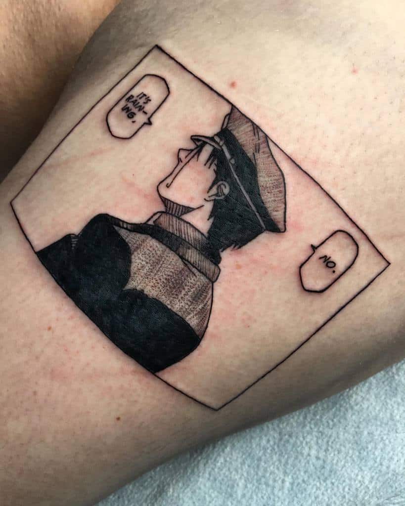 Fullmetal Alchemist tattoo of Roy Mustang’s iconic "No. It’s raining" manga panel, in a framed design