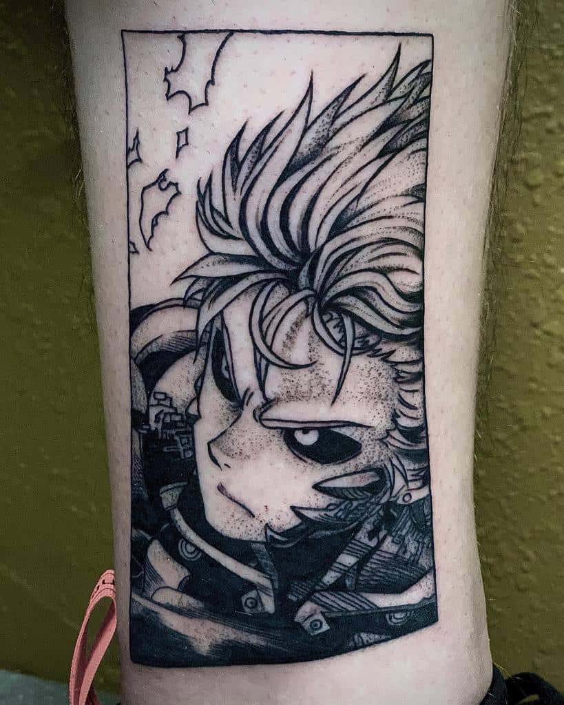 A black ink manga-style tattoo of Genos from One Punch Man in an intense battle pose, featuring bold shading and detailed linework