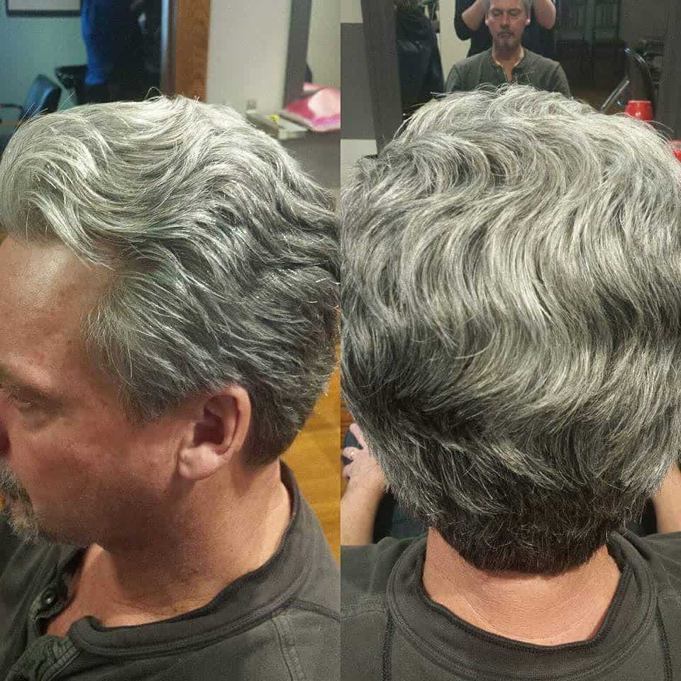 Men’s Haircut Featuring Short Gray Waves