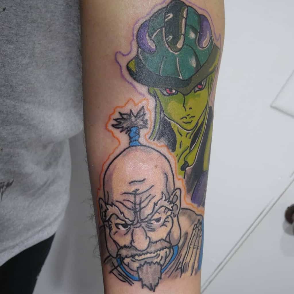 Vibrant tattoo of Meruem and Netero from Hunter X Hunter on a forearm