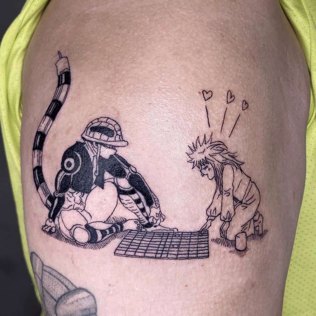 Black and white tattoo of Gon and Killua from Hunter X Hunter playing a board game, with Gon looking shy and hearts floating around him, on a person's upper arm