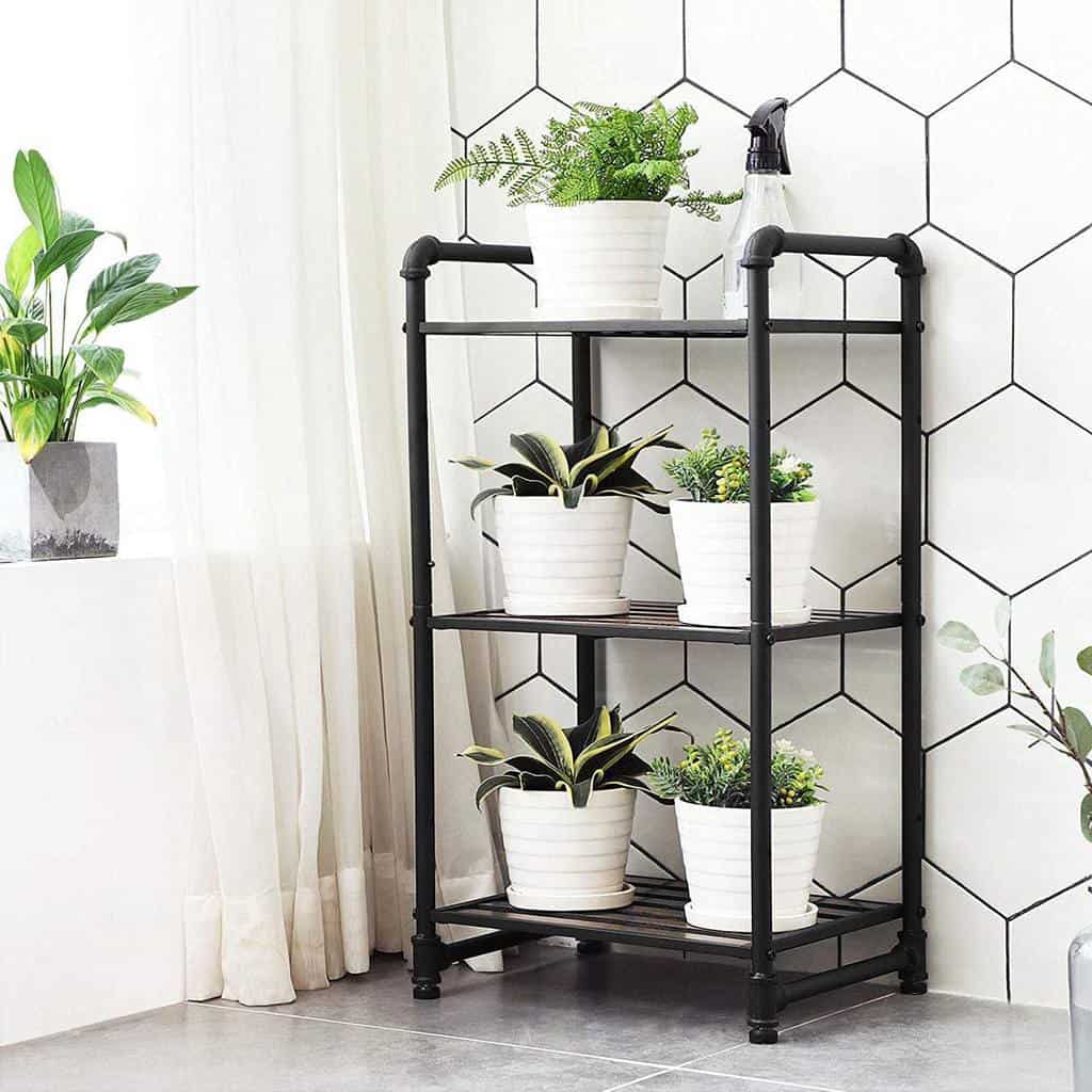 black pipe shelving unit with white pot plants