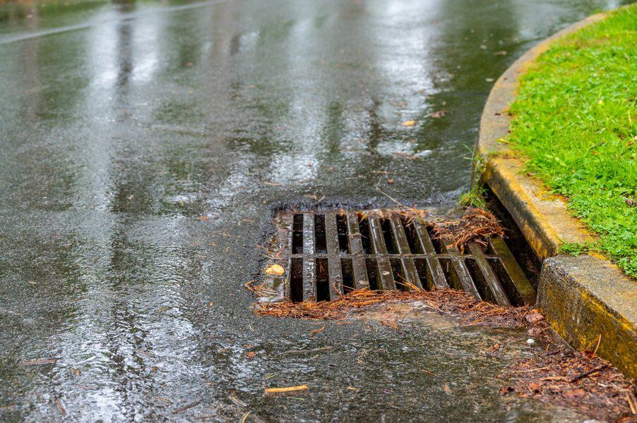 Rain falls on a wet street, with leaves and debris collecting around a storm drain near a grassy curb