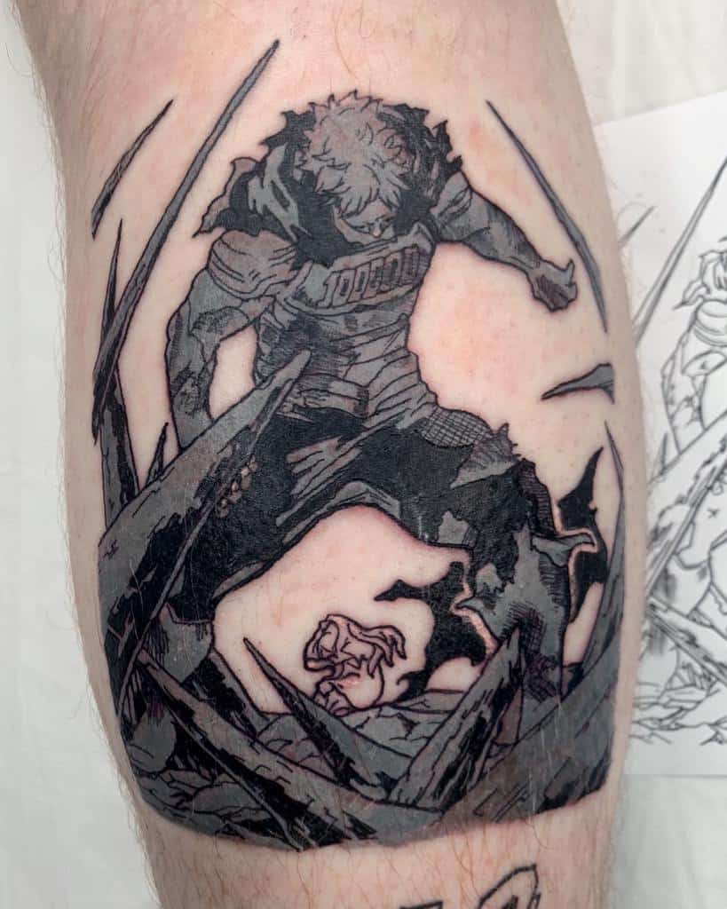 Black and grey manga-style tattoo of Mirio Togata from My Hero Academia, standing powerfully with Eri behind him, surrounded by shattered debris